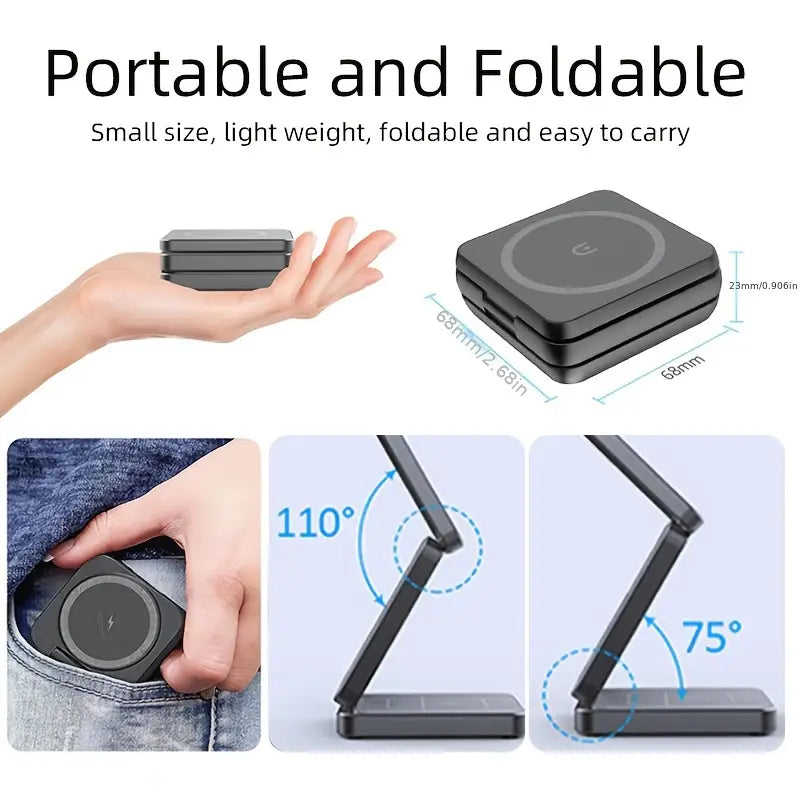 3-in-1 Foldable Magnetic Wireless Charger Stand, USB Connector, ≤36V Operating Voltage, 50-80W Output Power, with USB Power Mode, for iPhone 15 14 13 Pro Max, iWatch Series 8 7 6, AirPods 3 2, Fast Charging Dock