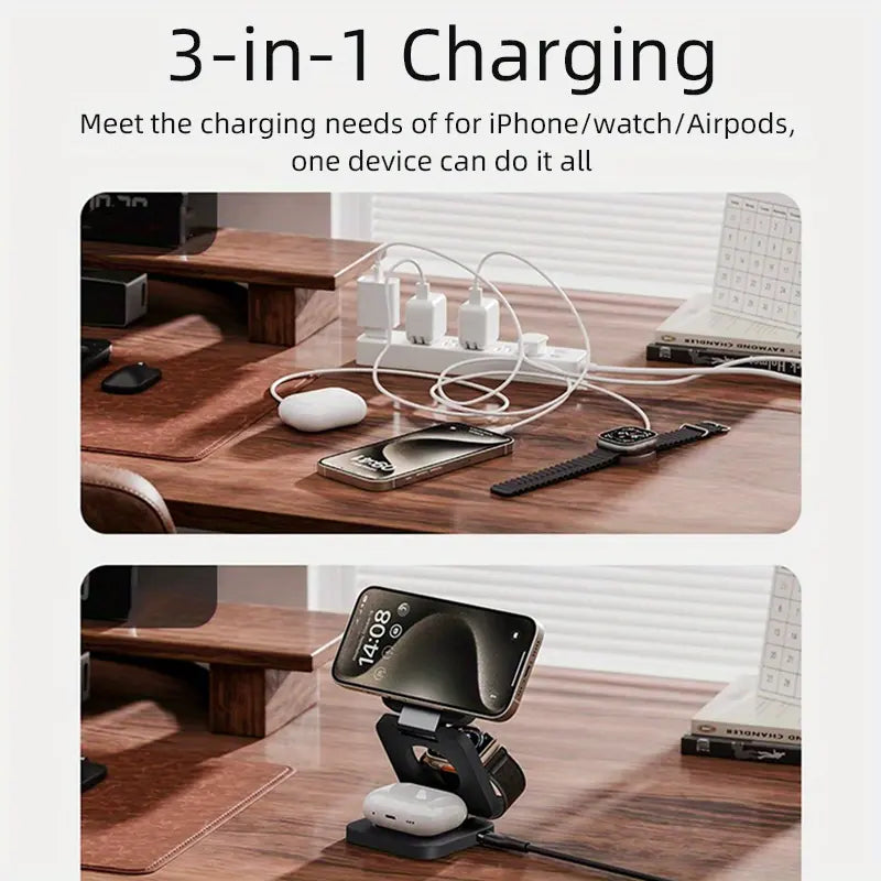 3-in-1 Foldable Magnetic Wireless Charger Stand, USB Connector, ≤36V Operating Voltage, 50-80W Output Power, with USB Power Mode, for iPhone 15 14 13 Pro Max, iWatch Series 8 7 6, AirPods 3 2, Fast Charging Dock