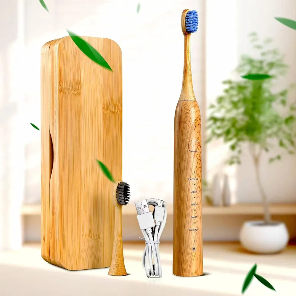 Sonic Electric Bamboo Toothbrush for Adults - Bamboo Design with Soft Bristles - 5 Adjustable Cleaning Modes - Upgraded IPX7 Waterproof Technoloy for Adults