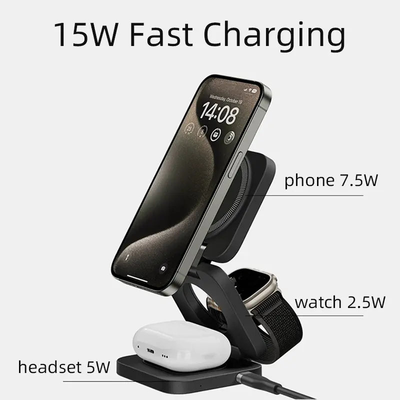 3-in-1 Foldable Magnetic Wireless Charger Stand, USB Connector, ≤36V Operating Voltage, 50-80W Output Power, with USB Power Mode, for iPhone 15 14 13 Pro Max, iWatch Series 8 7 6, AirPods 3 2, Fast Charging Dock