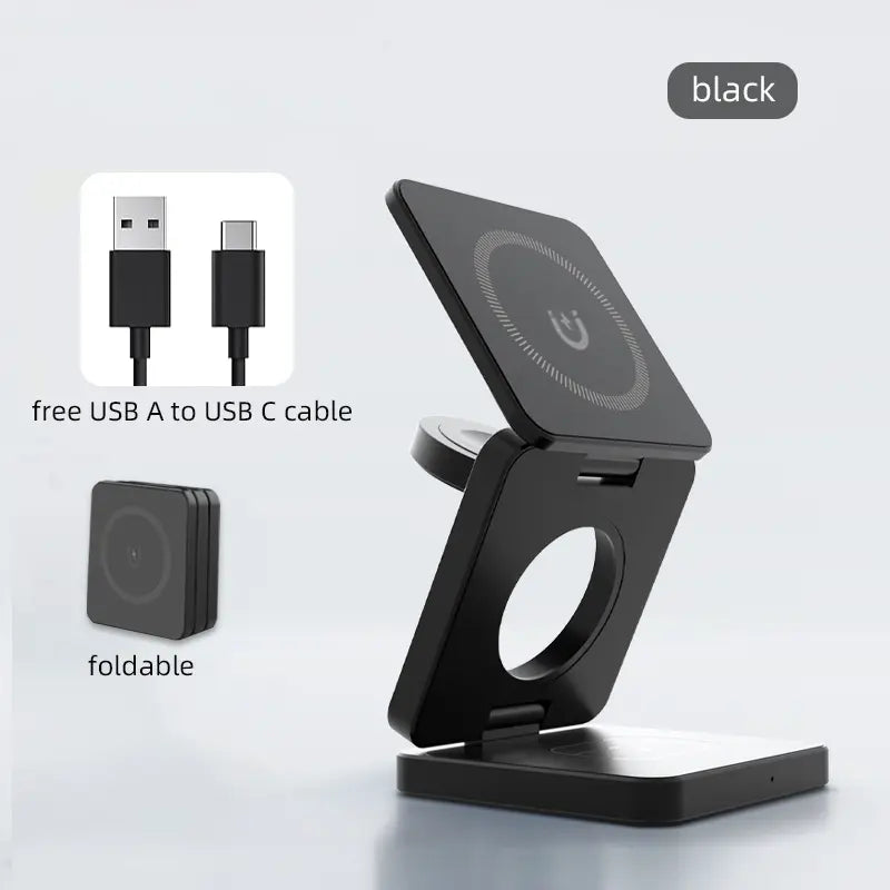 3-in-1 Foldable Magnetic Wireless Charger Stand, USB Connector, ≤36V Operating Voltage, 50-80W Output Power, with USB Power Mode, for iPhone 15 14 13 Pro Max, iWatch Series 8 7 6, AirPods 3 2, Fast Charging Dock