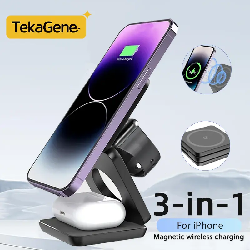 3-in-1 Foldable Magnetic Wireless Charger Stand, USB Connector, ≤36V Operating Voltage, 50-80W Output Power, with USB Power Mode, for iPhone 15 14 13 Pro Max, iWatch Series 8 7 6, AirPods 3 2, Fast Charging Dock