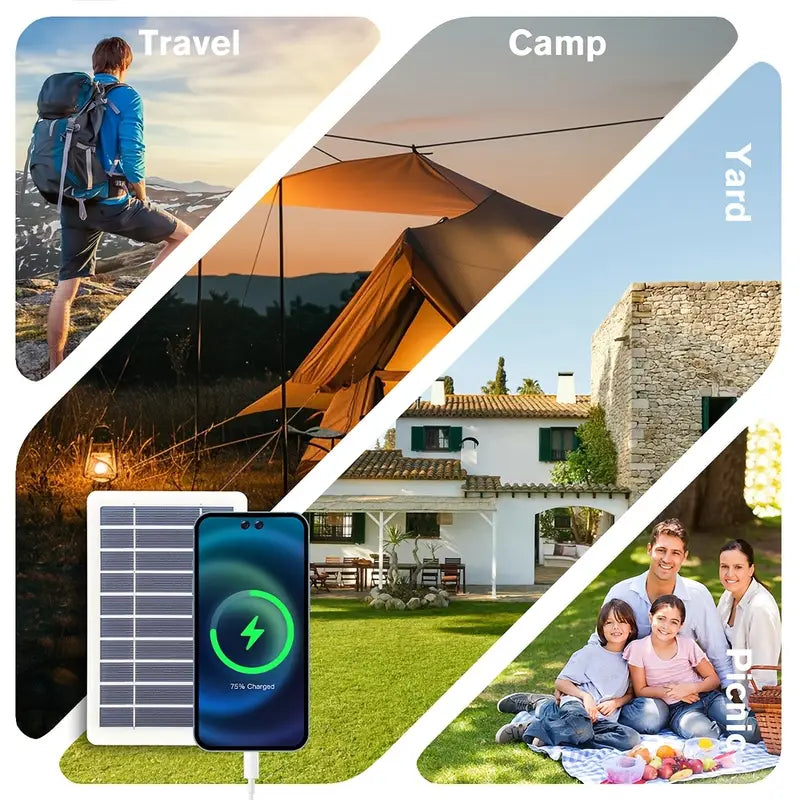 Portable Solar Charger USB, Outdoor Travel Solar Panel Power Supply, Powered Charging Adapter, Camping, Hiking, 0-5W Output, USB Connector, Travel Charger No Battery and Working Voltage ≤36V